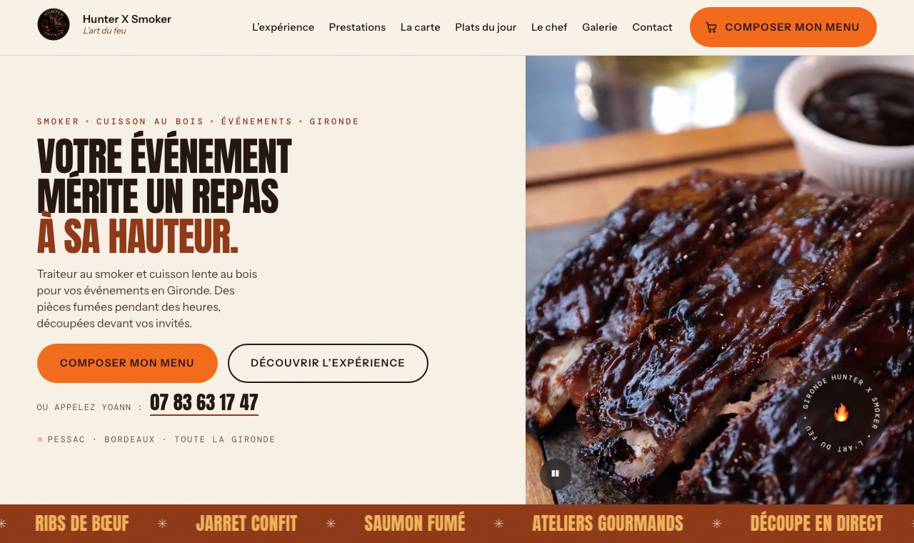 Site Hunter X Smoker — traiteur au smoker et cuisson au bois à Pessac, Bordeaux et en Gironde